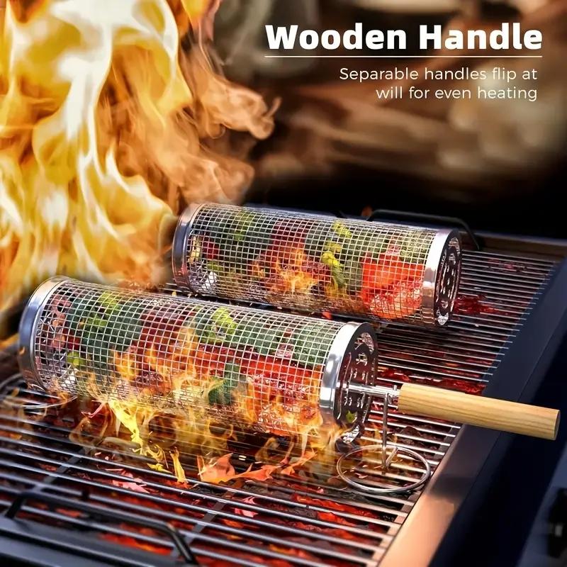Camp Cooking Set - Lebensmittelechter Edelstahl-Grillkorb-Set, runder Grillkorb aus Drahtgeflecht