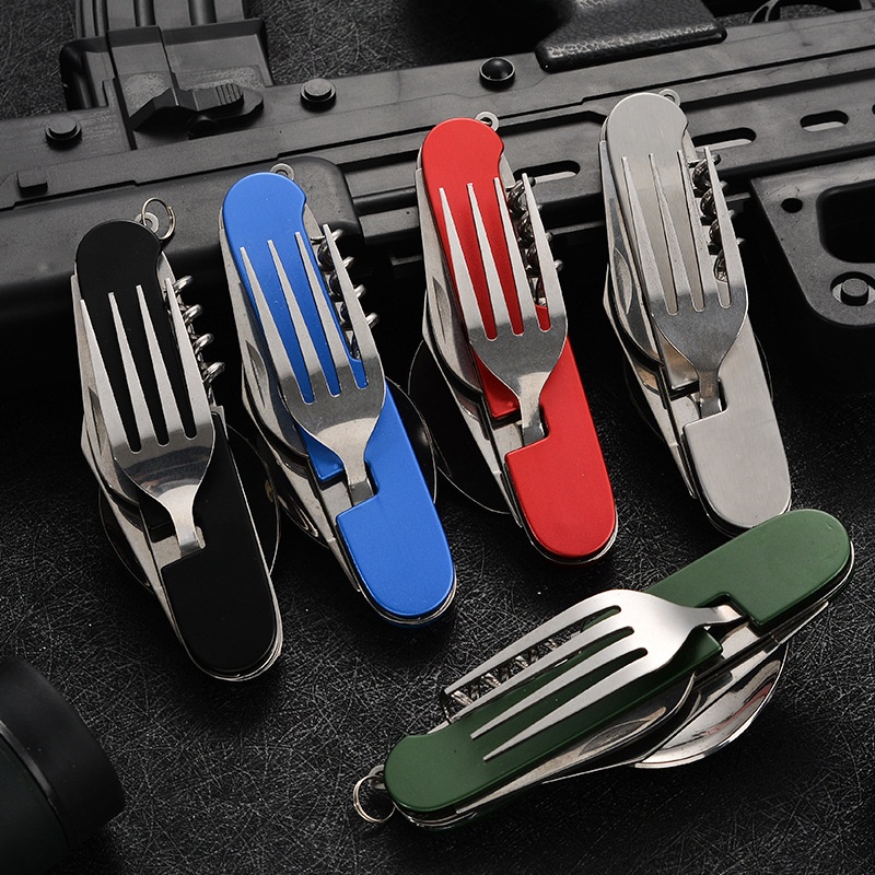 Outdoor Camping World - 4-in-1 klappbares Geschirr, abnehmbare Campingutensilien, Edelstahl,