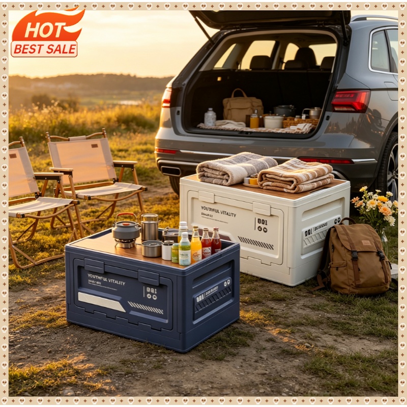 Outdoor Camping Stores - Outdoor-Aufbewahrungsbox Camping-Faltbox Camping-Organizer Kofferraumbox mit Holzdeckel