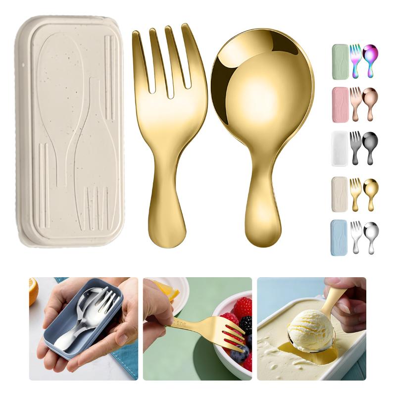 Camp Cooking Set - Edelstahl-Geschirr-Set, Löffel, Gabel, 2-teilig, tragbar, mit