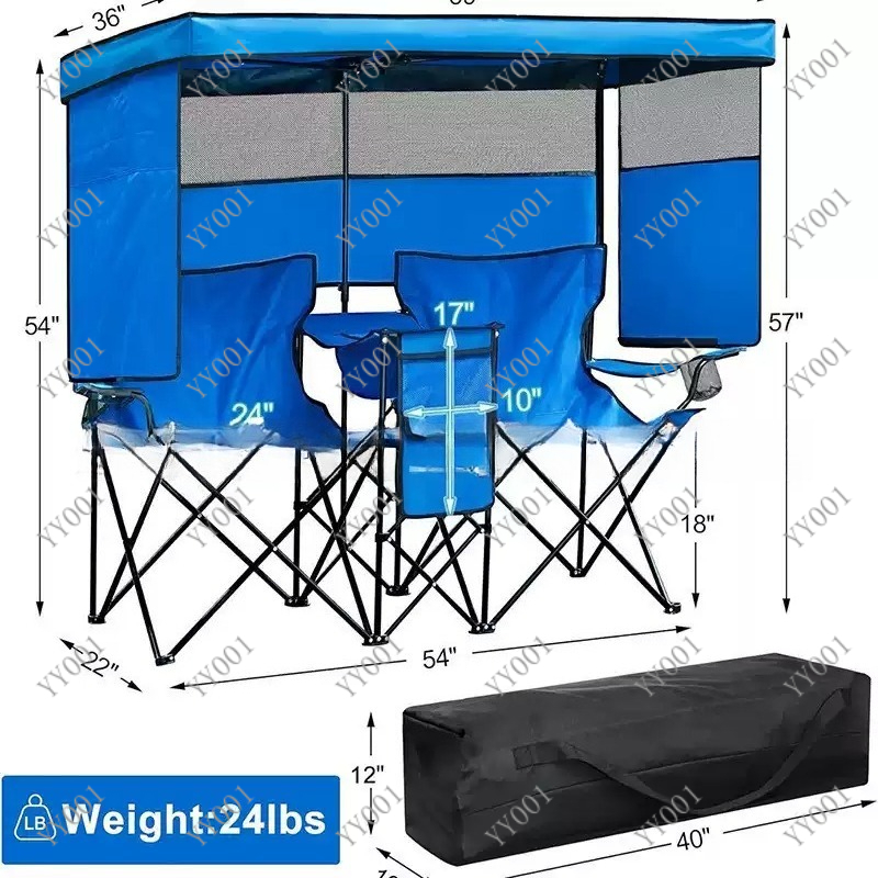 Outdoor Camping Folding Chair - Tragbarer Doppel-Klapp-Campingstuhl mit Sonnenschutz & Kühlbox